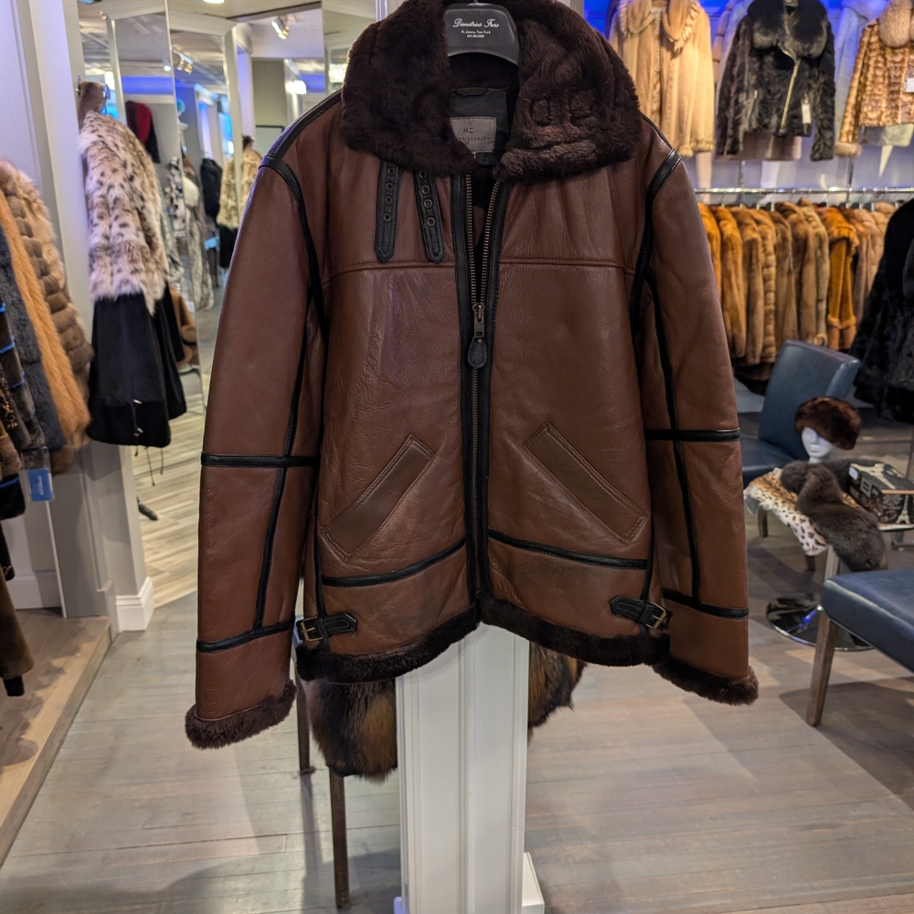Brown Leather Jacket with Black Trim Men's Shearling Inside Real